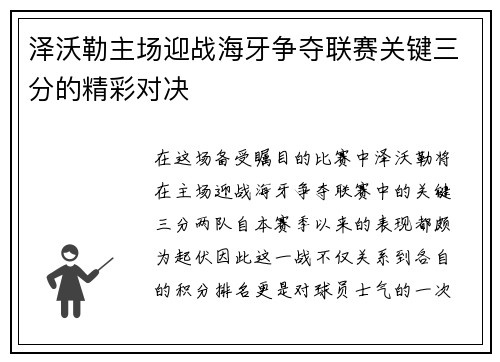 泽沃勒主场迎战海牙争夺联赛关键三分的精彩对决